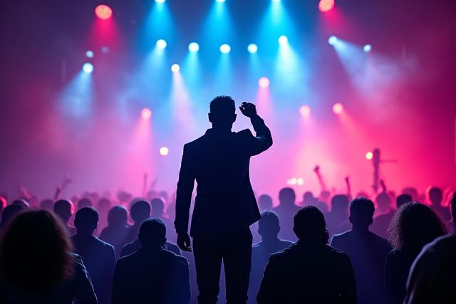 Penyanyi di atas pentas konsert dengan lampu