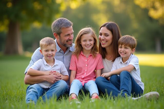 Potret keluarga tersenyum di taman